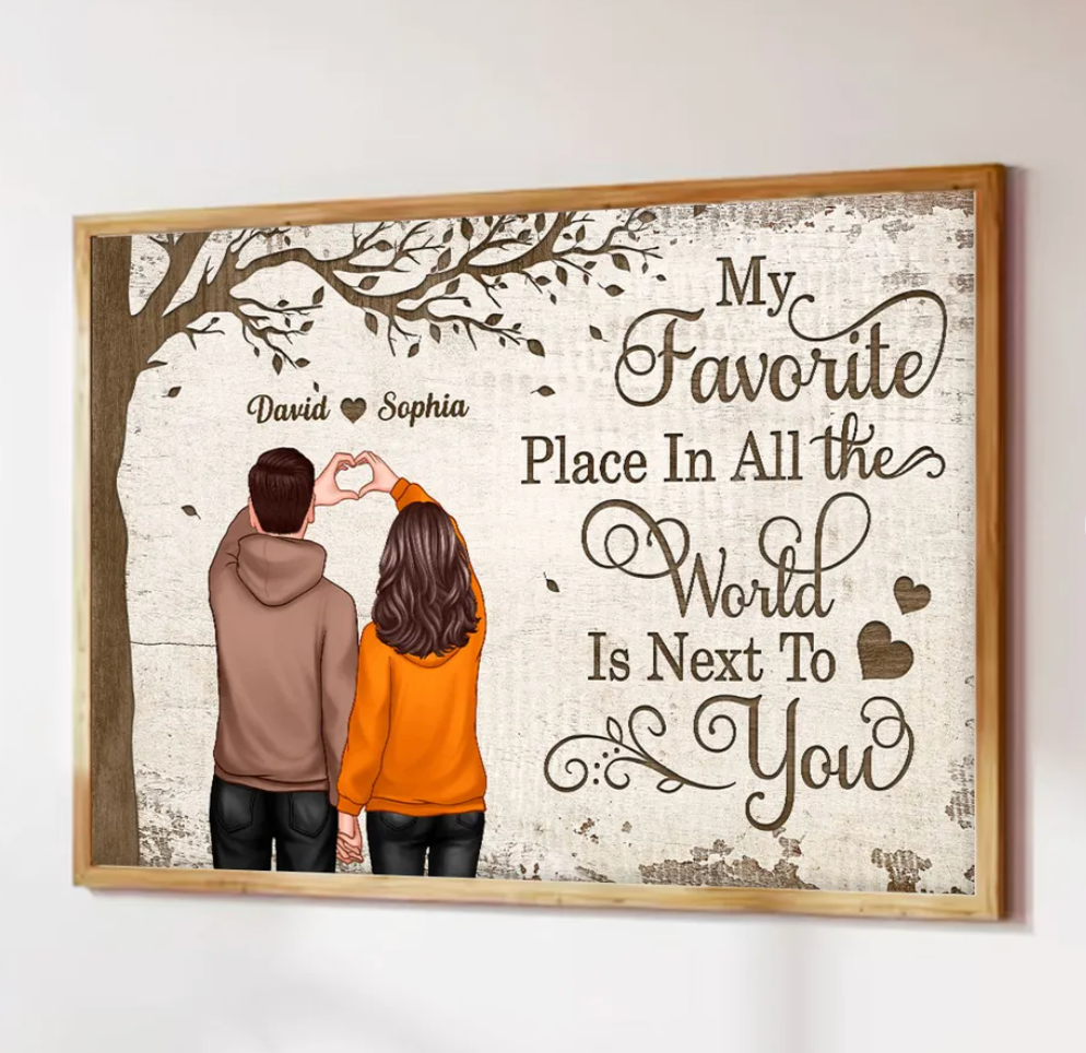 Back View Couple Heart Hands Favorite Place Personalized Horizontal Poster, Gift For Him, For Her